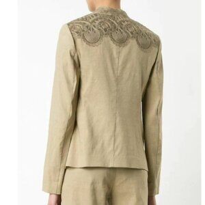 Kobi Halperin Embroidered Linen Blazer Womens XS Tan Open Front Lace Jacket